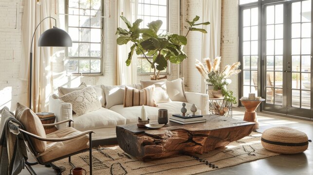 Boho industrial living room with salvaged wood, metal accents, and eclectic decor for a cool and relaxed atmosphere