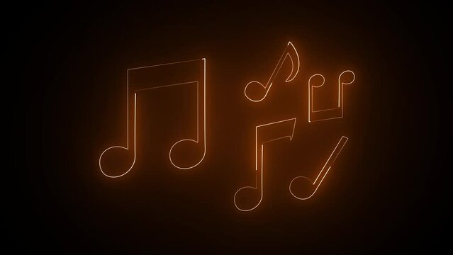 Neon line music icon notes background. Glowing neon line musical note icon on black background.