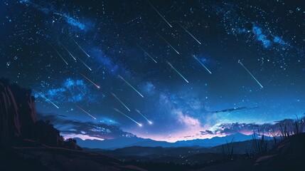 Night Sky: An illustration of a meteor shower in the night sky