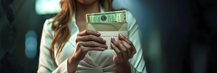  woman hand holding dollar bill Money Financial Business Growth concept. 
 - obrazy, fototapety, plakaty