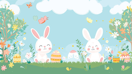 Happy Easter background with easter bunnies lettering