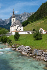 Fototapeta na wymiar The pretty church, St Sebastian, at Ramsau bei Berchtesgaden in the Bavraian Alps