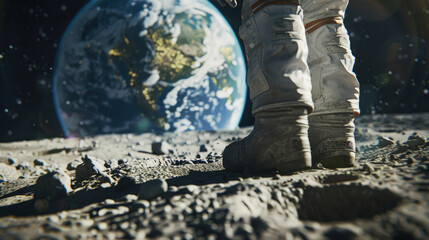 Astronaut Walking on Lunar Surface with Earth View
