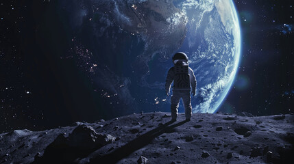 Astronaut Walking on Lunar Surface with Earth View - obrazy, fototapety, plakaty