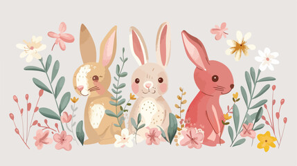 Happy easter lettering with bunnies and flowers. Cute