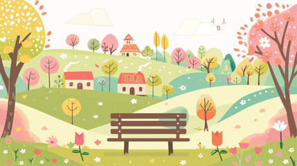 Happy Easter spring landscape with bench houses field