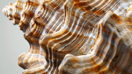 A close-up of a textured seashell, its ridges and patterns creating a visual feast against a white background, captured in high-definition.