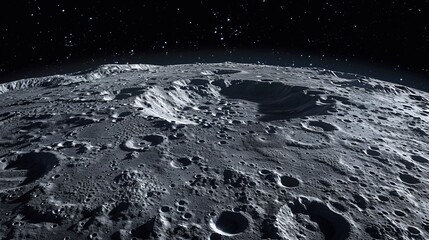 Solar System: A detailed 3D rendering of the moon's surface, highlighting craters