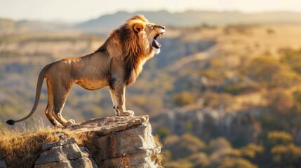 A lion is standing on a rock and roaring
