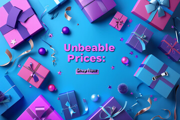 A vibrant indigo background with "Unbeatable Prices Shop Now and Save" in bold.