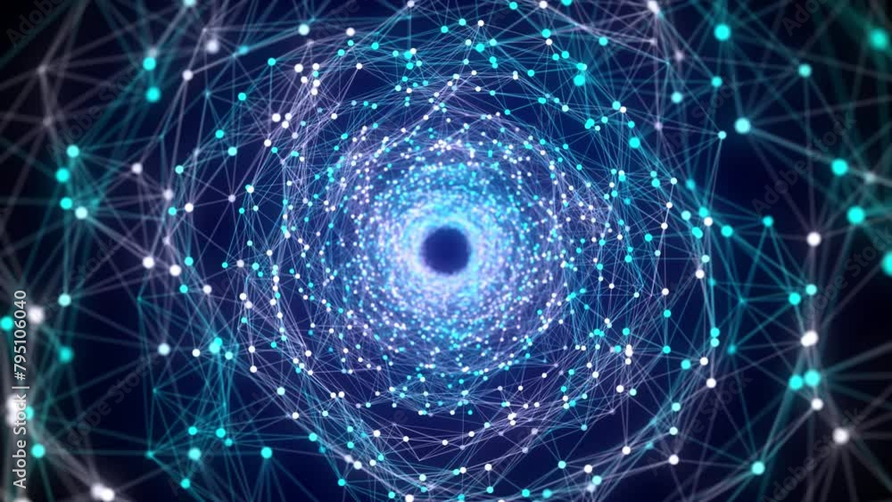 Poster Abstract 3d portal. Tunnel or wormhole. Digital blue background with connected blue dots. 3d rendering.