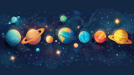 Solar System: A whimsical illustration of the planets as colorful, cartoon-like character