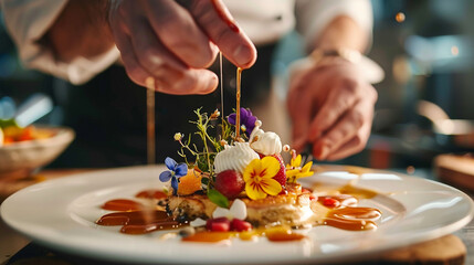 A close-up shot of a chef meticulously garnishing a gourmet dessert with edible flowers and delicate drizzles of caramel sauce.