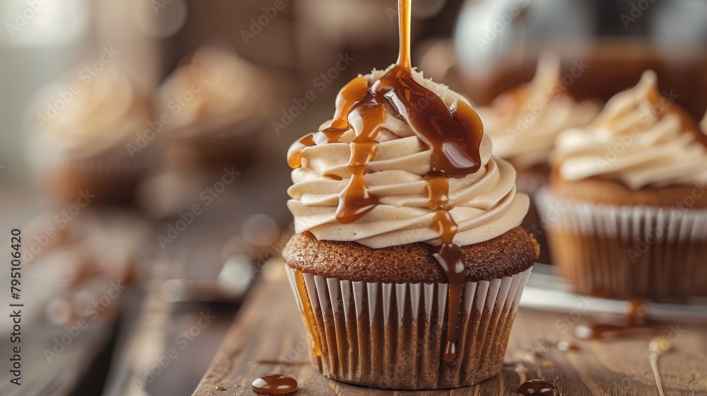 Poster close-up of a decadent cupcake with a drizzle of caramel sauce, adding a touch of sweetness to every