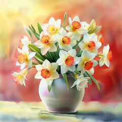 Fresh daffodils with orange centers in a simplistic white vase, rendered in vibrant watercolor tones.
