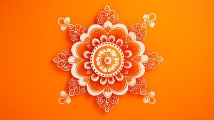 Intricate mandala pattern with symmetrical design and floral elements on an orange background
