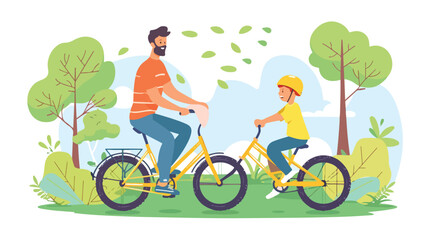 Happy father educates little son to riding on bike 
