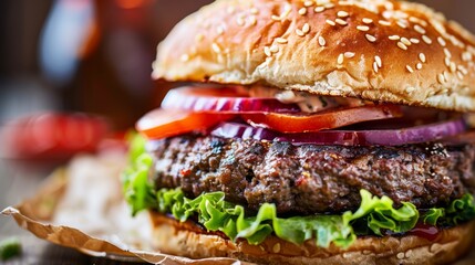Close-up of a gourmet burger with juicy patties and flavorful toppings, sure to satisfy any burger craving - obrazy, fototapety, plakaty