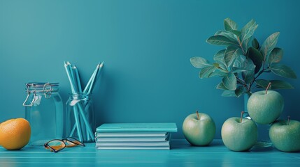 Table With Books and Vase of Apples