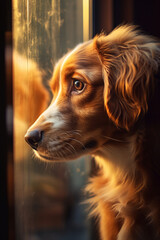 close up, head of puppy dog, looking at window, in window there is reflections of royal stair, suspense movie poster сreated with Generative Ai