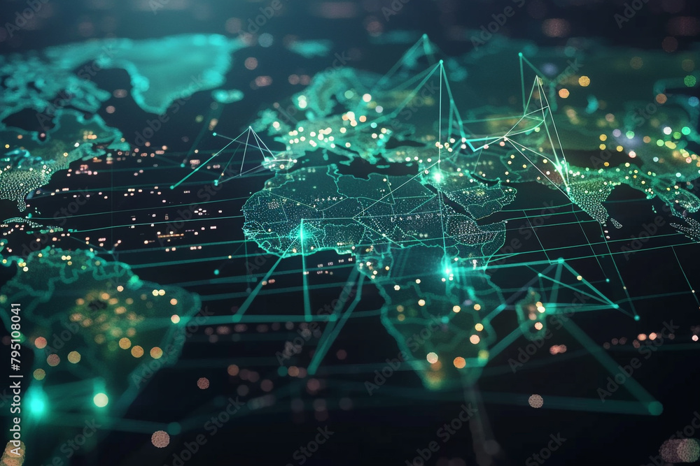 Poster high tech digital world map with glowing connections between countries representing global business 