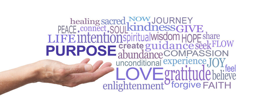 Even though we all think we have a different purpose in life the basic human purpose is to love unconditionally - female hand surrounded by a PURPOSE word cloud isolated on white background
