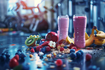High-energy workout scene with a selection of pre-workout smoothies and natural energy drinks, gym background 