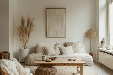 Highlighting the simplicity and elegance of japandi and scandi aesthetics through a minimalist nature scene in boho neutral colors - obrazy, fototapety, plakaty