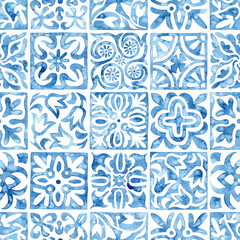 Portuguese tile azulejo blue and white watercolor pattern. Traditional ornament. A collection of various square tiles. Handmade on paper. Print for your textile.