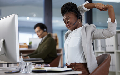 Business woman, call center agent and stretching with headphones and computer for telemarketing and...