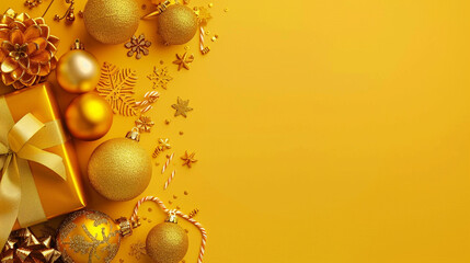 A vibrant golden yellow background with festival ornaments on the left side.
