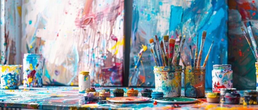 bright multicolored creative background, a group of brushes with paint on the background of a multicolored spectrum canvas, the idea of creativity banner, team first person view realistic daylight
