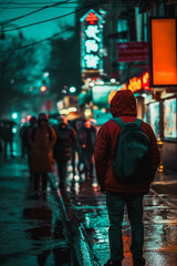 A man in a red jacket stands on a wet street in the rain