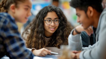 Obraz premium Students collaborating on a group project, discussing strategies and dividing tasks. Knowledge, study, friendship, respect for each other, education