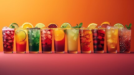 Rainbow of Refreshing Fruit Cocktails on Vibrant Background - obrazy, fototapety, plakaty