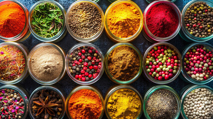 A colorful array of spices arranged in jars, adding warmth and flavor to dishes from around the world.
