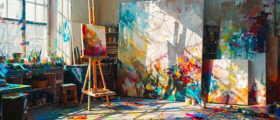 artist atelie in large study messy environment, painting utensils, colorful colors, brushes tools for creators
