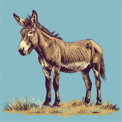 A vintage-style illustration of a donkey standing in a pasture with a vibrant blue background.