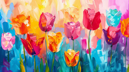 Colorful tulip flowers on the background of a watercolor painting