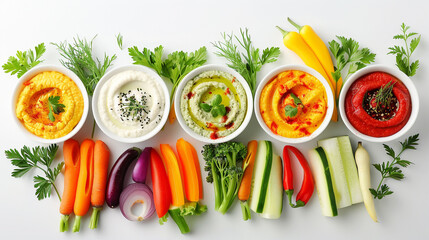 A colorful assortment of fresh vegetable crudites with hummus dip, providing a healthy and appetizing snack or appetizer choice on a clean white surface.