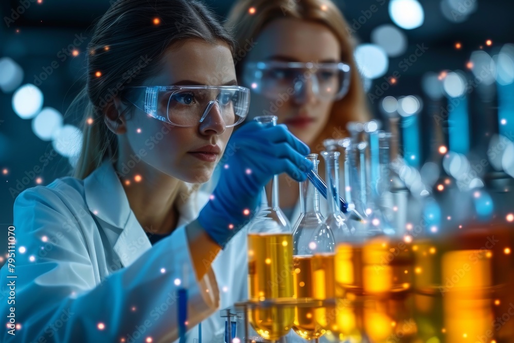 Poster a focused scientist using a pipette and test tubes in a high-tech lab environment high-tech, experim