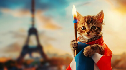cat holding the  torch in front of Eiffel Tower - obrazy, fototapety, plakaty