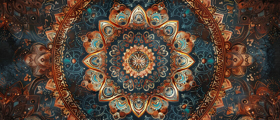 Intricate mandala print with bohemian motifs in earthy tones, featuring a unique v6 style design.