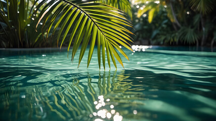 Calm aqua water rippling gently with the shadows of palm leaves dancing on the surface, evoking...