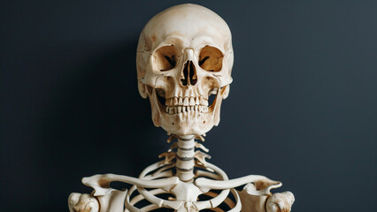 Human skeleton model on blackboard background with copy space. Halloween concept
