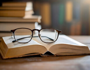 Book and reading glasses composition. Classic concept of writers, education, recreation.