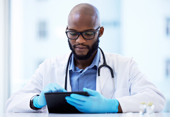 Black man, doctor and tablet for results or report as healthcare worker. Prescription, cardiologist...