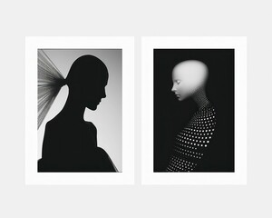 Two modern black and white portraits of a woman with a ponytail on a neutral white background