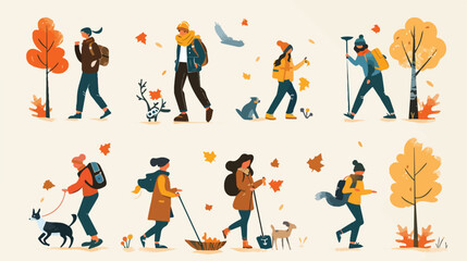Fototapeta na wymiar People doing different outdoor activities in autumn.