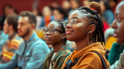 Group of students attending a lecture series on social justice and equity in education. Knowledge, study, friendship, respect for each other, education